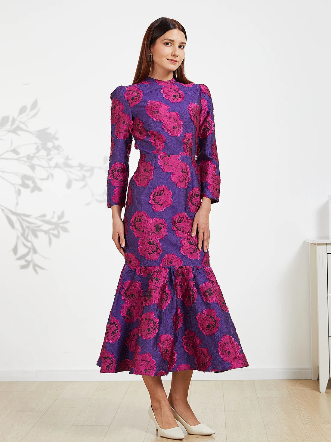 Elegant Brocade Women Maxi Mermaid Dress Long Vintage Flowers Slim Clothing Stand Collar Party Dresses Robe Femme Vestido